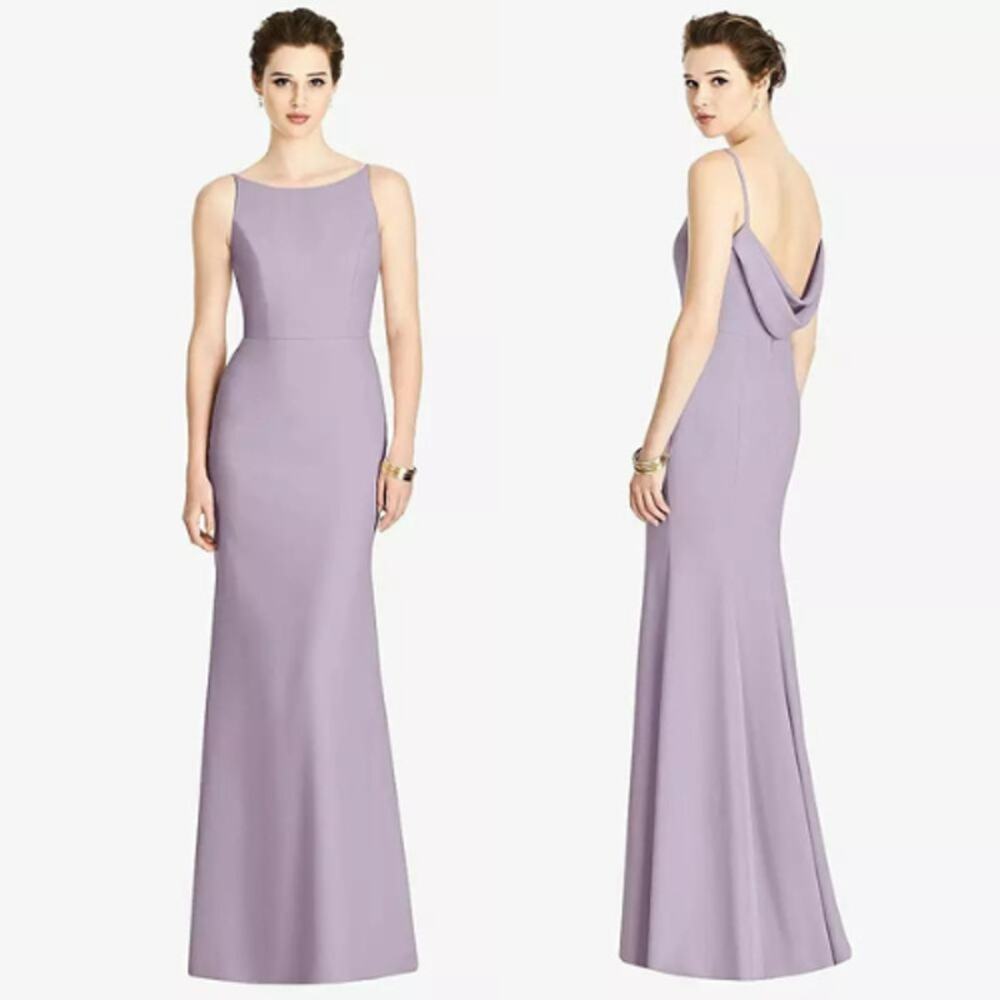 Dessy Group Bateau Neck Open Cowl Back Trumpet Gown in French Truffle Size 6R